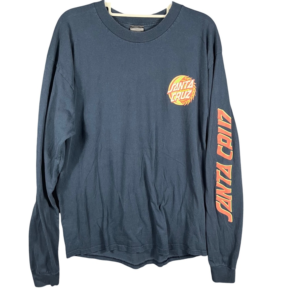 Santa Cruz Long Sleeve T-Shirt Men Large Navy Blue Flame Dot Logo Graphic Skater